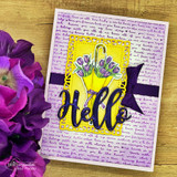 Purple card with a yellow umbrella and tulips over the script background, 'Hello.'