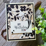 Black botanical silhouette card, 'Happy Birthday B*tch' on a cream banner