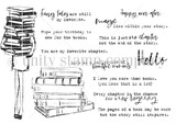 Line-art red rubber stamp set 'Not the End of Your Story' showing a girl holding a tall stack of books, by Lisa Arana, with bookish sentiments.