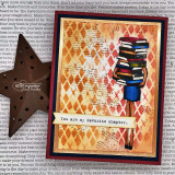 A girl holding a tall stack of books stamped in red rubber and colored on a handmade card reading "You are my favorite chapter."