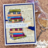 A girl holding a tall stack of books hand-stamped on a card and lettered "Life is a collection of beautiful moments."