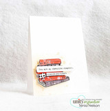 A card project showing a girl holding a tall stack of books, paired with the greeting "This is just one chapter, not the end of the story."