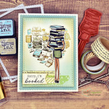 A girl holding a tall stack of books hand-stamped on a card and lettered "You are my favorite chapter."