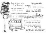 Line-art red rubber stamp set 'Not the End of Your Story' showing a girl holding a tall stack of books, by Lisa Arana, with bookish sentiments.