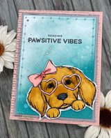 Teal card with the bow-wearing puppy and 'SENDING PAWSITIVE VIBES' above daisies.