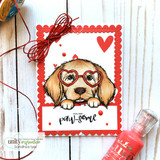 Red scalloped card with the heart-glasses puppy above 'you're paw-some.'