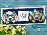 Navy slimline card with both puppies in heart glasses and 'sending puppy kisses.'