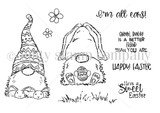 Line-art stamp sheet: Jeanie Hays' bunny-eared Easter gnome with 'Happy Easter' and 'I'm all ears' red rubber stamps, Unity Stamp Co.