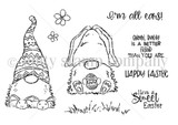 Line-art stamp sheet: Jeanie Hays' bunny-eared Easter gnome with 'Happy Easter' and 'I'm all ears' red rubber stamps, Unity Stamp Co.