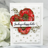 Blue-toned card with poppies and script, stamped 'smile.'