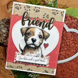 Kraft 'friend' card of a puppy in a heart frame over the paw background