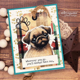 Teal plaid card of a pug with a paw-print tag and 'wherever you go... you'll always have me'