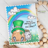 Rainbow card of the green-hatted gnome with pot o' gold and clouds, 'prone to shenanigans and malarkey'