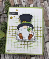 Green stencil-grid card of the gnome with a shamrock and 'lucky' tab