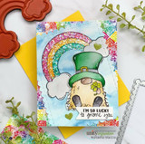 Rainbow patchwork card of the gnome, 'I'm so lucky to gnome you' heart banner