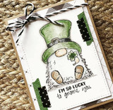 Kraft card of the sketched gnome with washi tape, 'I'm so lucky to gnome you'