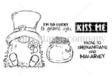 Red rubber stamp art of Jeanie Hays' St. Patrick's gnome with pot o' gold, 'Kiss me' and lucky-to-gnome-you sentiments