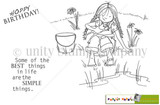 Stamp sheet for SIMPLE things: a sketched braided girl sitting barefoot at a pond's edge holding a frog, with a bucket and coneflowers in the grass, and the sentiments 'HOPPY BIRTHDAY!' and 'Some of the BEST things in life are the SIMPLE things.'