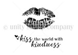 The Kiss the World itty bitty red rubber stamp shown as line art: a lipstick kiss print with 'Kiss the world with kindness' sentiment.