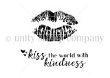 Red rubber stamp sheet with a large textured lip print, beside the script 'kiss the world with kindness'.