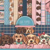 Love Puppies 6x6 paper pack cover showing plaid, polka-dot and pastel puppy prints