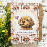 Card made with Love Puppies paper, a stamped puppy in a circle frame and 'a little love goes a long way'