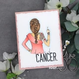 Card with a woman holding flowers behind her back and the bold word 'Cancer.'