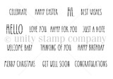 Red rubber sentiment stamp sheet with 'celebrate,' 'happy easter,' 'hi,' 'hello,' 'love you,' 'happy birthday,' 'merry Christmas,' 'get well soon' and more.