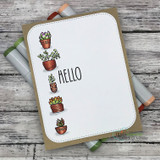 Card with a column of small potted succulents and 'hello.'