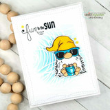 Beach gnome in a yellow hat and sunglasses with a bucket, 'fun in the sun,' on a stenciled sunburst.