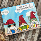 Three beach gnomes with snorkel and beach ball under a blue sky, 'Some days it's ok just to be a beach bum!'