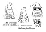 Uncolored red rubber beach gnomes with 'Don't worry beach happy' and 'Relax play laugh.'