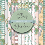 Glass Garden 6x6 paper pack, cloches and terrariums with cactus and blooms over blush stripes and soft green prints behind a round cover label.