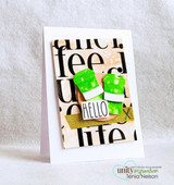 Card with the coffee-typography background, a green to-go cup and 'HELLO.'