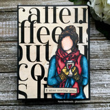 Card with the coffee-word background and a girl holding a mug over 'I miss seeing you.'