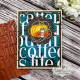 Fall card with the coffee word background, a pumpkin and a to-go cup in a circle.