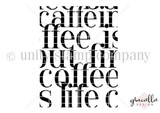 Red-rubber Coffee Is Life background stamp — bold overlapping typography spelling out coffee words for a graphic card panel.