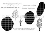 Black-and-white line-art stamp set of solid and sketched trees with sentiments including 'Beautiful things change,' 'Have faith everything will work out,' 'You are worth everything,' and 'Take the moments you need to grow and strengthen your roots.'