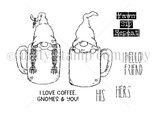 A red rubber stamp set of boy and girl gnomes riding in coffee mugs with coffee-lover sentiments.