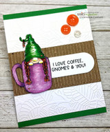 Handmade card featuring the gnomes tucked inside steaming coffee mugs, with an embossed woodgrain panel, stamped with 'Yawn Sip Repeat'.