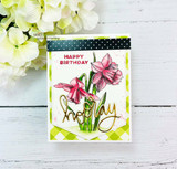 Green gingham card with a white panel, daffodils coloured in pink and cream with green leaves, a gold hooray die cut and "HAPPY BIRTHDAY" stamped in red above.