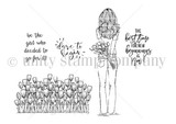 The Begin Anew red rubber stamp set by Angie Blom: girl with tulips, tulip cluster, and sentiments like 'dare to begin.'