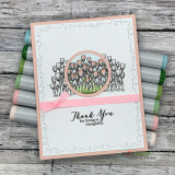 Thank-you card with the tulip cluster stamped in a magnifying circle above 'Thank you for being so thoughtful.'