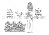 The Begin Anew red rubber stamp set by Angie Blom: girl with tulips, tulip cluster, and sentiments like 'dare to begin.'