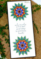 Card with two colorful doily medallions and 'side by side or miles apart we will always be connected by heart.'