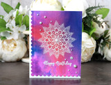 Two bright cards with the doily on purple and pink ombre, 'Happy Birthday,' 'thinking of you.'