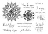 Line-art stamp sheet with an intricate mandala doily medallion and sentiments - 'Thank you for thinking of me,' 'just a paper hug,' 'Birthday wishes,' 'thinking of you.'