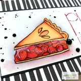 Close-up card of the cherry pie slice colored in golden crust and red cherries over black and white stripes with ink splatters