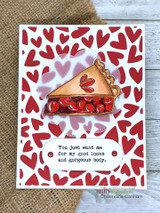 Red heart background card with the cherry pie slice on a vellum heart and a small typed sentiment label