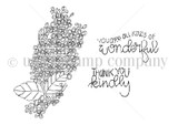 You Are All Kinds of Wonderful red rubber stamp set: a tall lilac bloom cluster with leaves, and 'You are all kinds of wonderful' and 'Thank you kindly'.